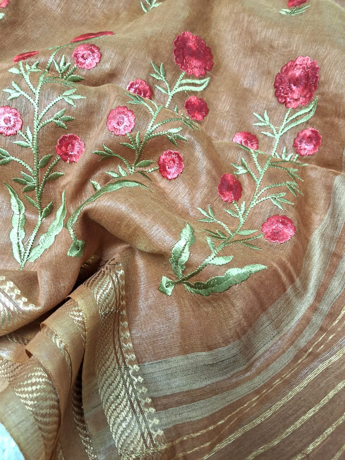 Pure Kota Linen Silk Hand Embroidery Work Saree With Blouse.