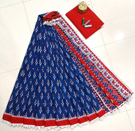 Pure Mulmul Cotton hand block Print Saree with Blouse