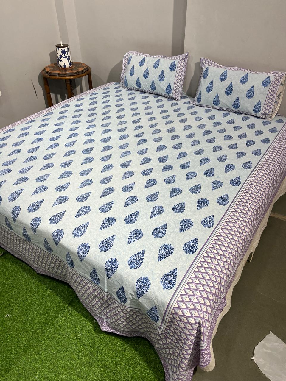 Pure Cotton Hand Block Print Double Bedsheet. ( 90 X 108) with pillow covers