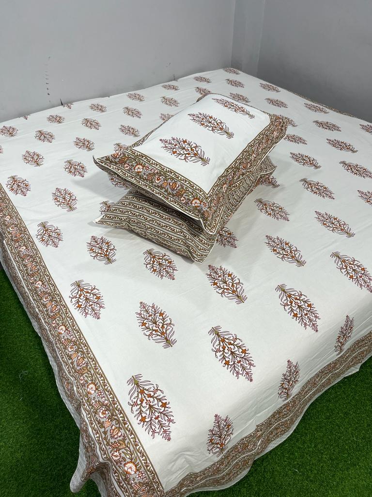 Pure Cotton Hand Block Print Double Bedsheet. ( 90 X 108) with pillow covers