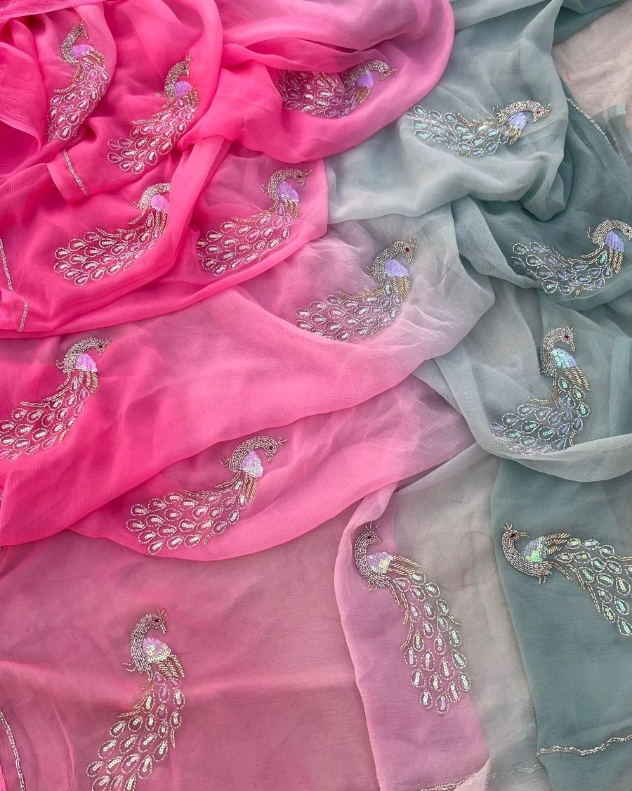 Pure Jaipuri Chiffon 15 big motif work Saree with  blouse