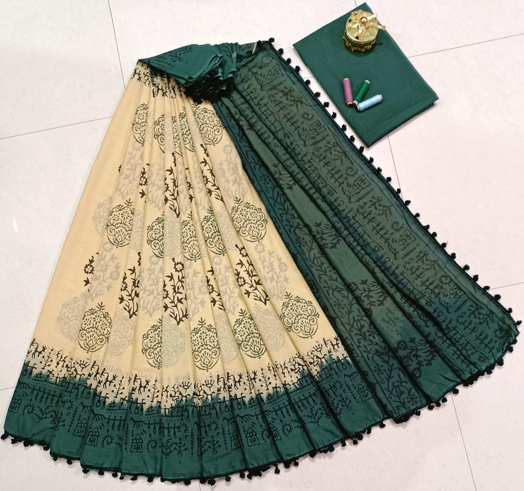 Pure Mulmul Cotton hand block Print Saree with Blouse