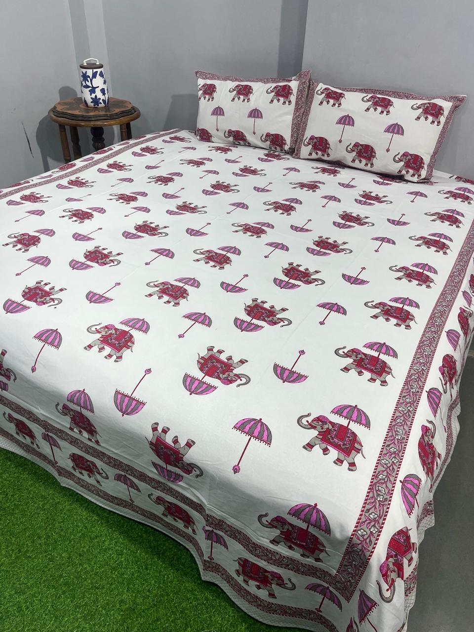 Pure Cotton Hand Block Print Double Bedsheet. ( 90 X 108) with pillow covers