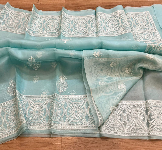 Pure organza silk chikankari work  saree with blouse