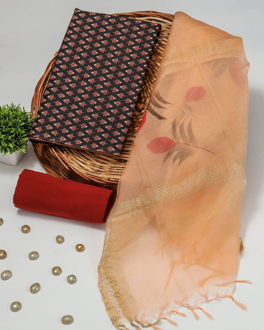 Pure Cotton Unstitched Suit With Organza Silk Dupatta