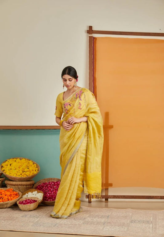 Pure Linen By Linen Embroidery   Saree With  Blouse