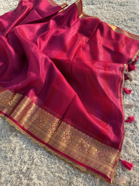 Banarasi Tissue Silk Saree With  Heavy Lace Work Running blouse