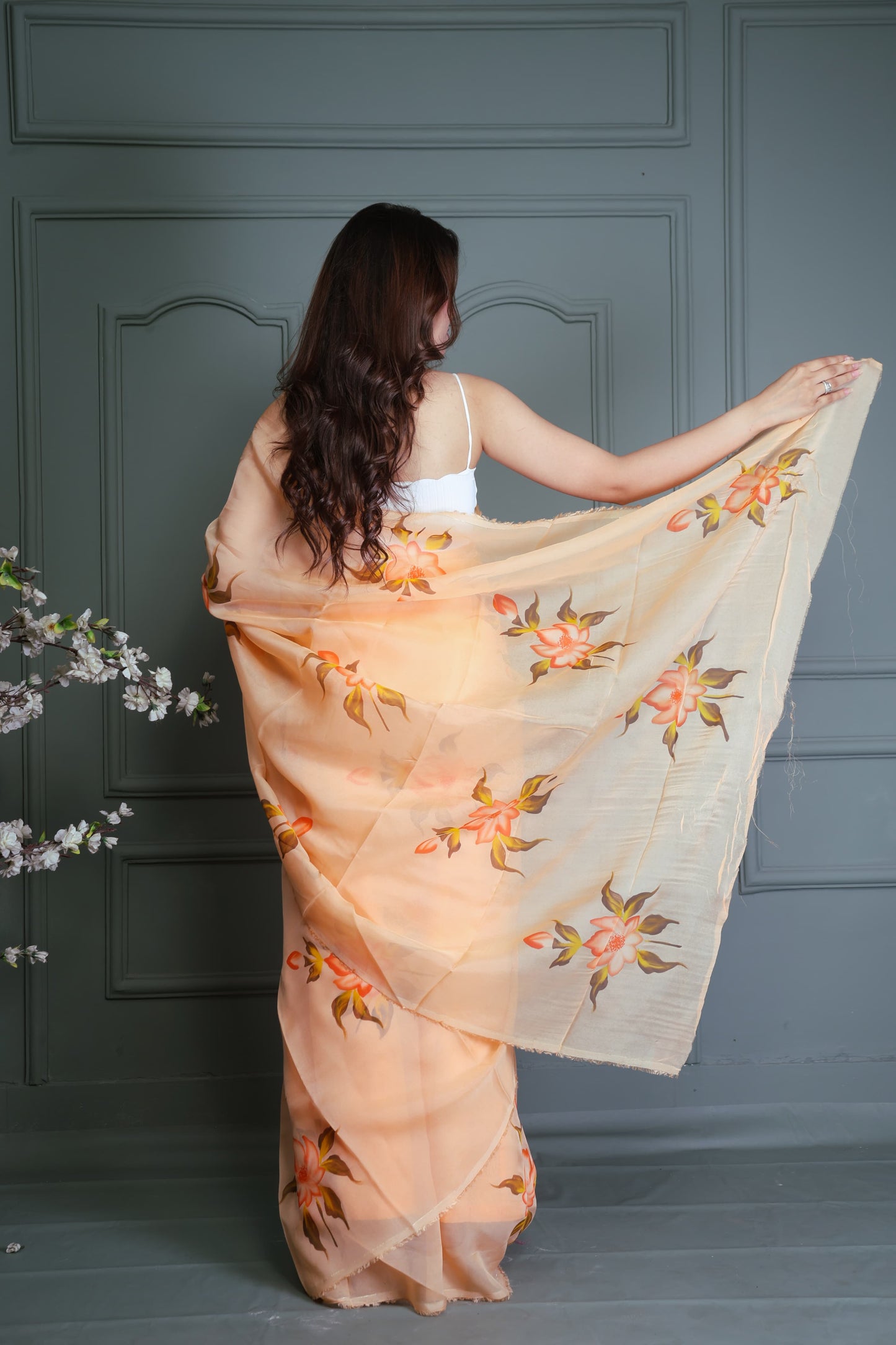 Organza Hand Printed Saree With Blouse