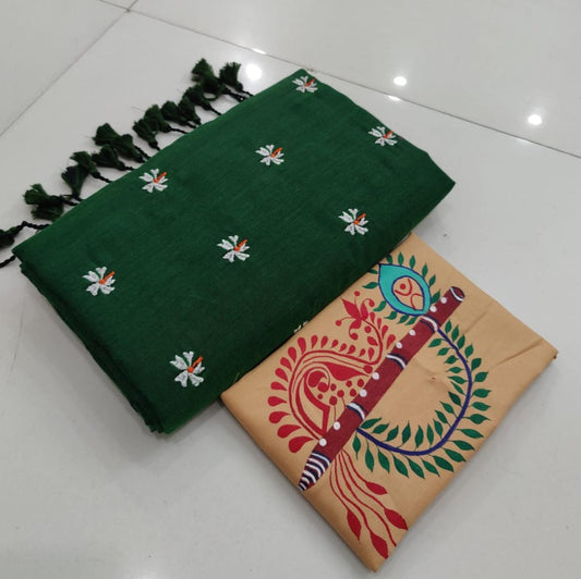 Pure  Khaddi Cotton Saree  With  Hand Printed  Blouse