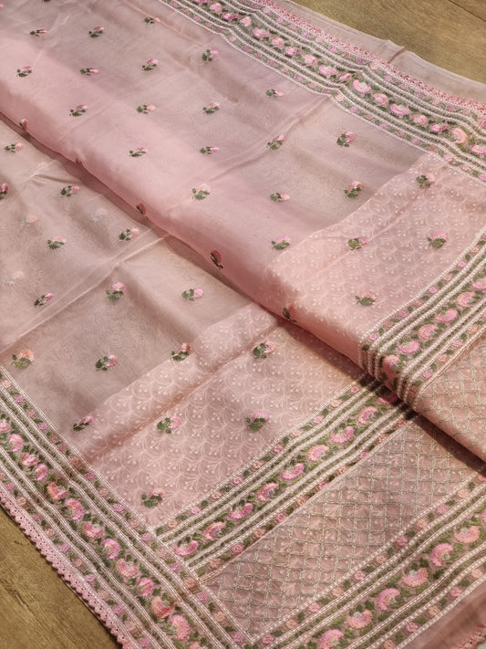 Pure Organza Silk Embroidery Border Buti  Saree With Heavy Blouse