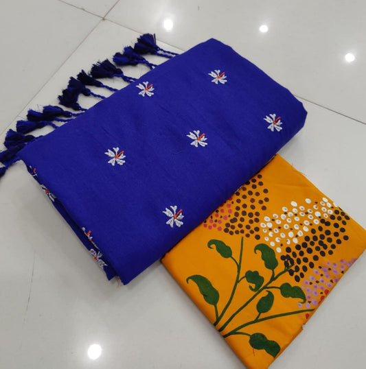 Pure  Khaddi Cotton Saree  With  Hand Printed  Blouse