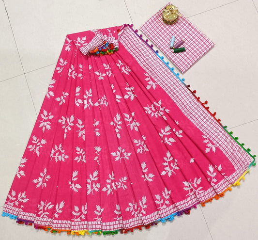 Pure Mulmul Cotton hand block Print Saree with Blouse