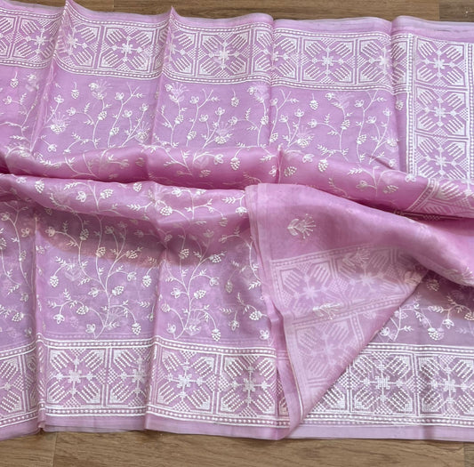 Pure organza silk chikankari work  saree with blouse