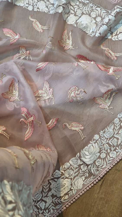 Pure Organza Silk  Parsi Embroidery Work Saree With Heavy Blouse