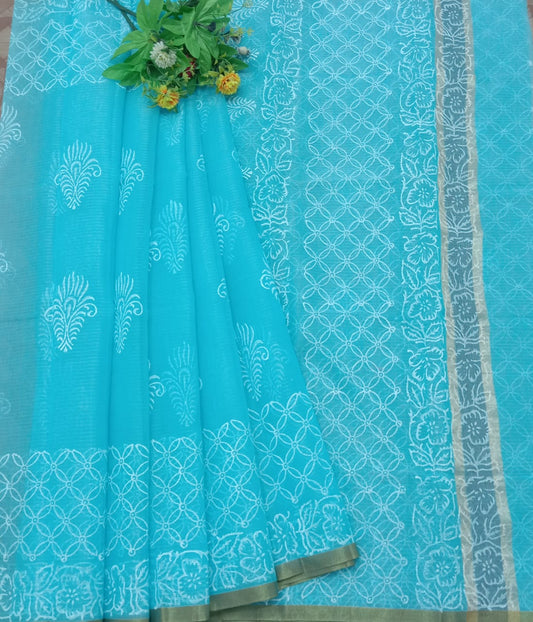 Sky Blue Color Kota Cotton Block Print Work Saree