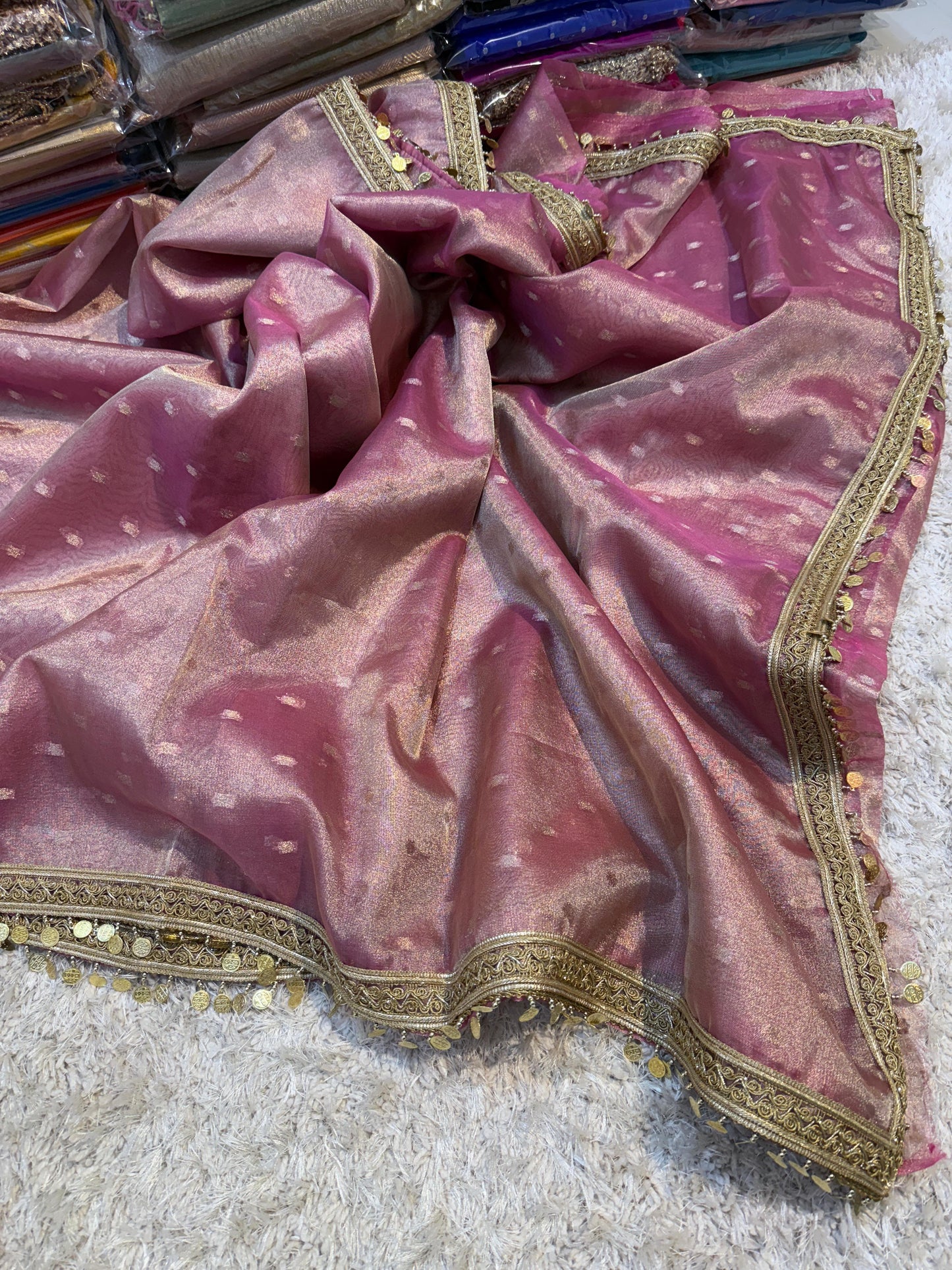 Banarasi Tissue Booti Silk Saree With Coin lace Hand Work