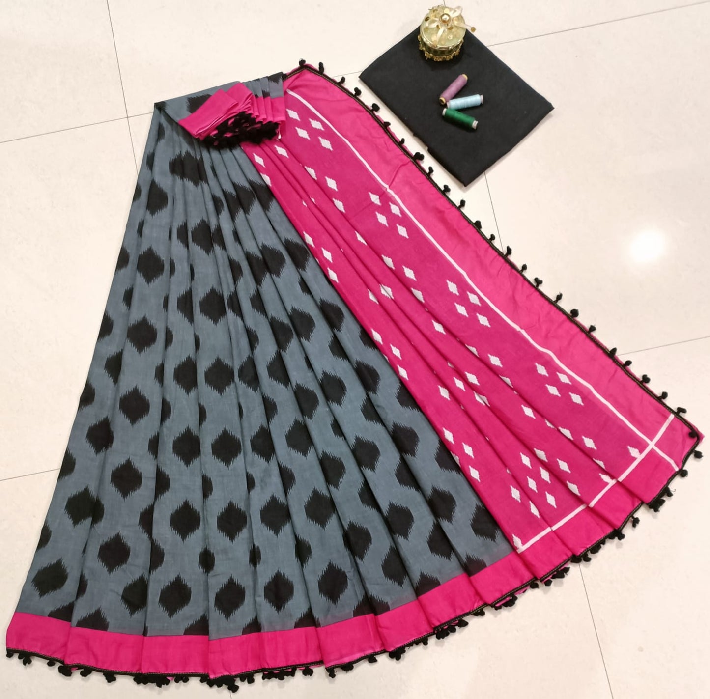 Pure Mulmul Cotton hand block Print Saree with Blouse