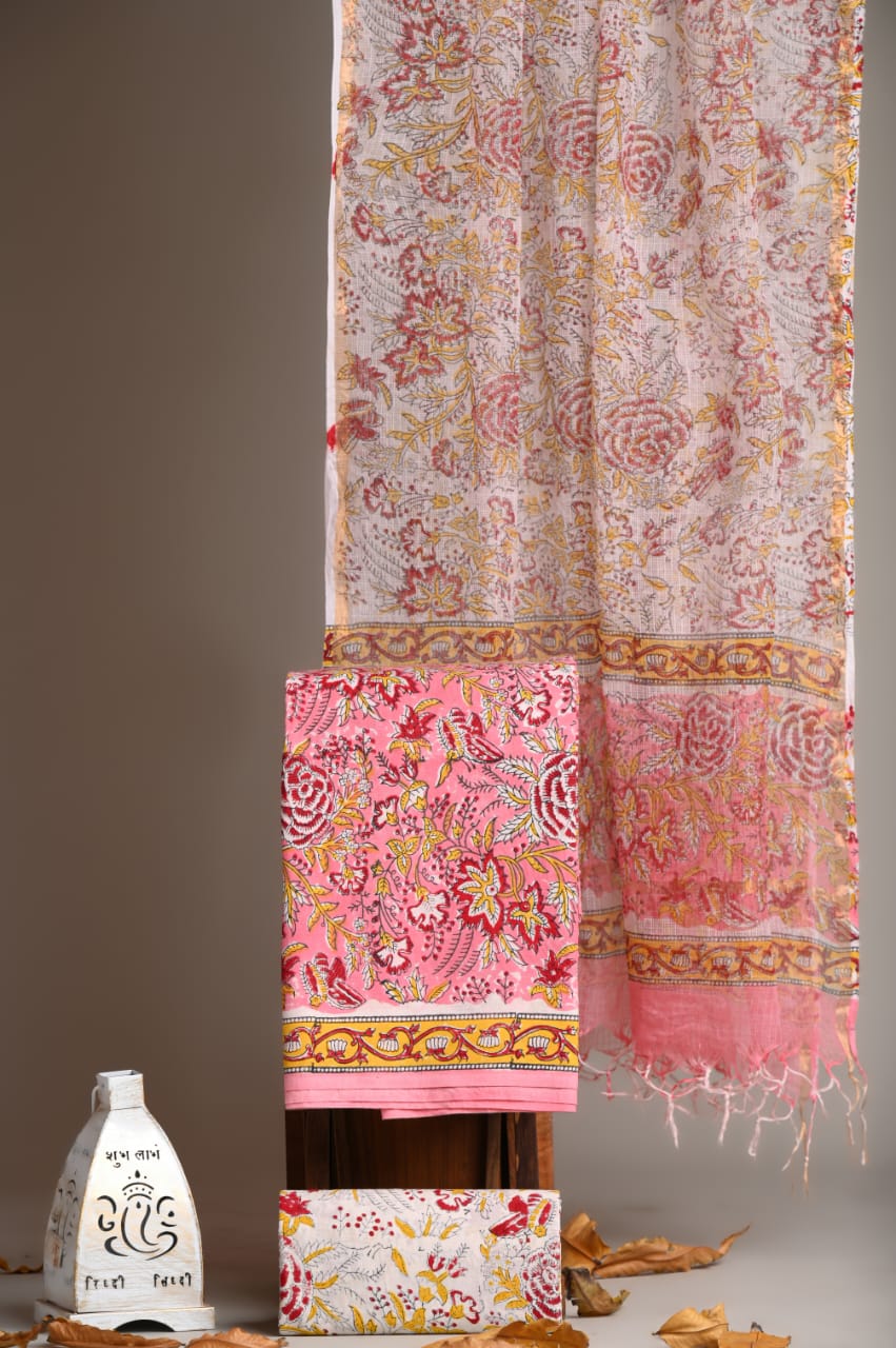 Pure Cotton Hand Block Printed Suit With Kota Doria Dupatta