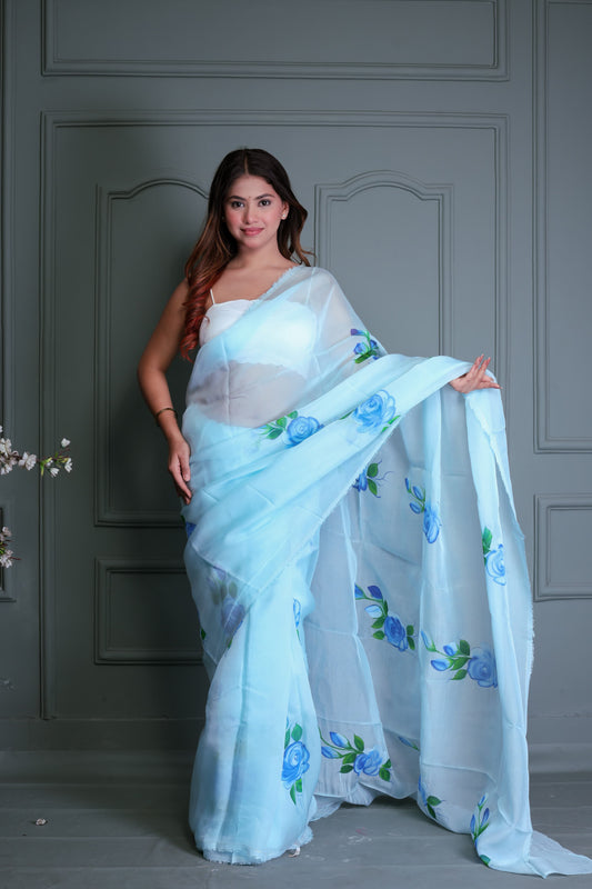 Organza Hand Printed Saree With Blouse