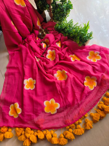 Beautiful Mulmul   Cotton Flowers design Hand Painted Saree