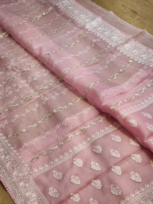 Pure organza silk embroidery  work  saree with blouse