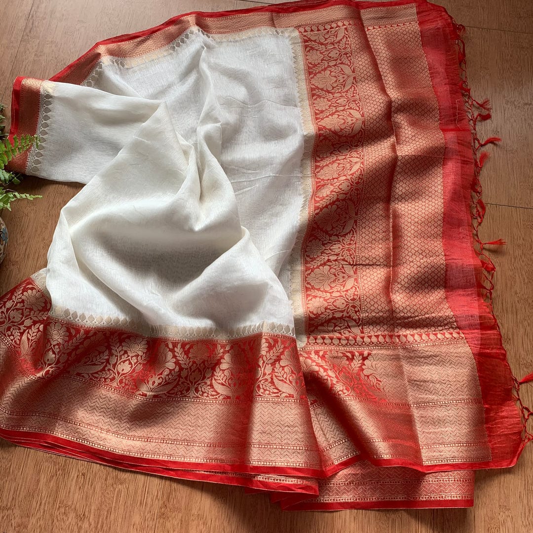 Pure Banarasi Linen Silk Border Saree With Blouse