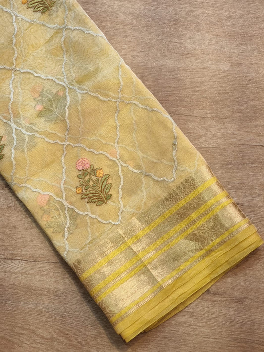 Pure Metallic Tissue Banarasi katan border Embroidery work saree