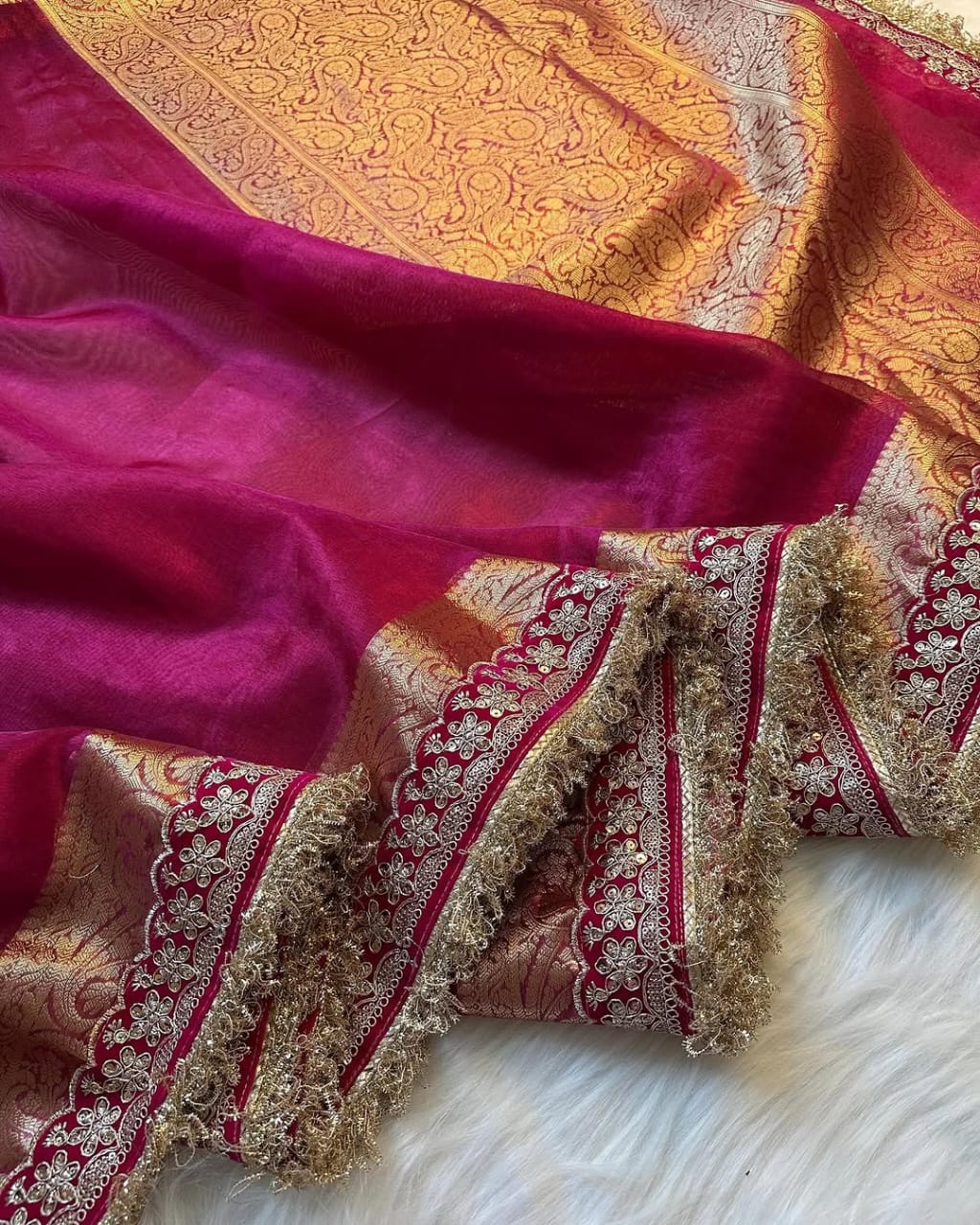 Banarasi Glass tissue silk saree with  lace work