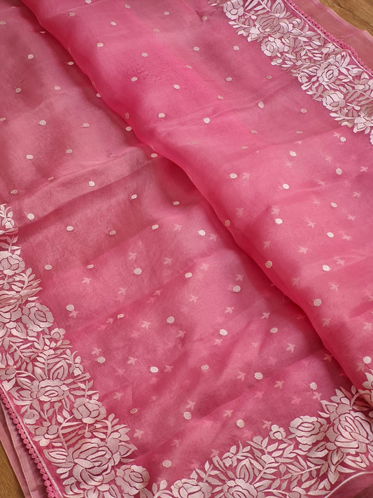 Pure Organza Silk  Parsi Embroidery Work Saree With Heavy Blouse