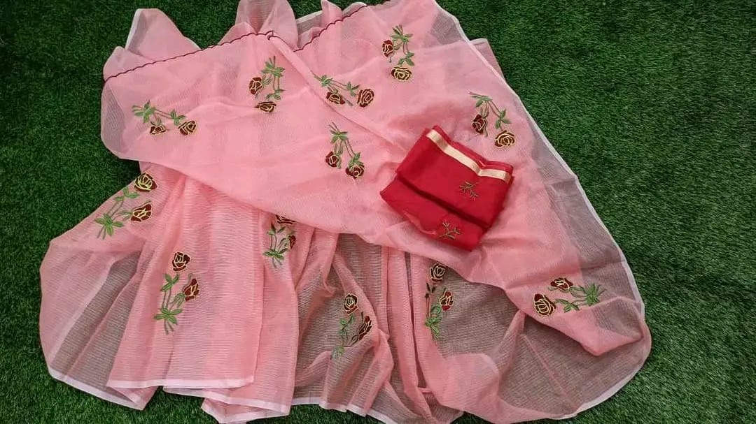 Kota-Doria Saree with Blouse and embroidery work