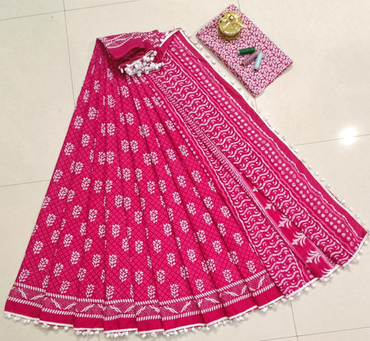 Pure Mulmul Cotton hand block Print Saree with Blouse