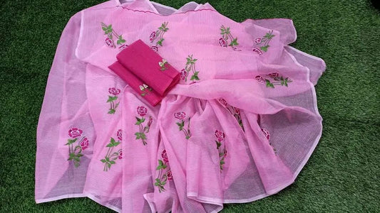 Kota-Doria Saree with Blouse and embroidery work