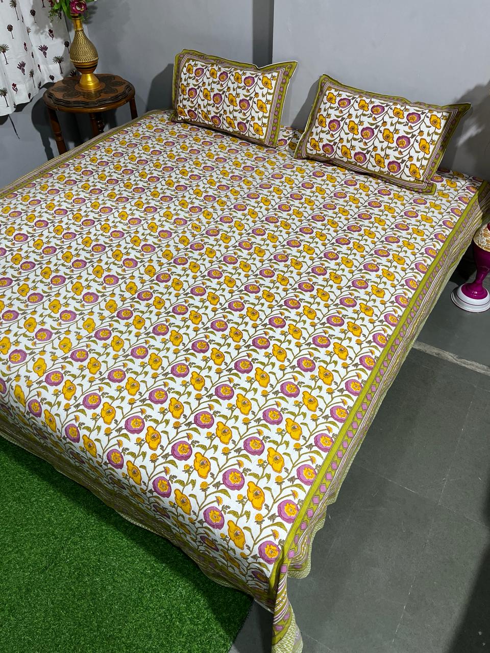 Pure Cotton Hand Block Print Double Bedsheet. ( 90 X 108) with pillow covers