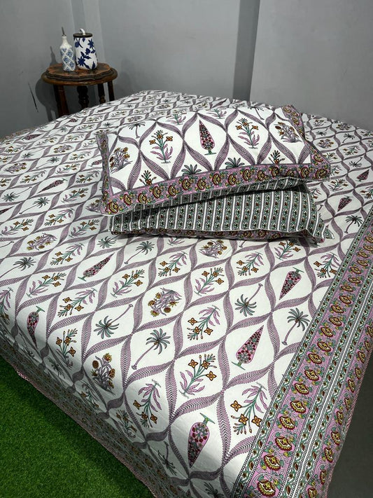 Pure Cotton Hand Block Print Double Bedsheet. ( 90 X 108) with pillow covers