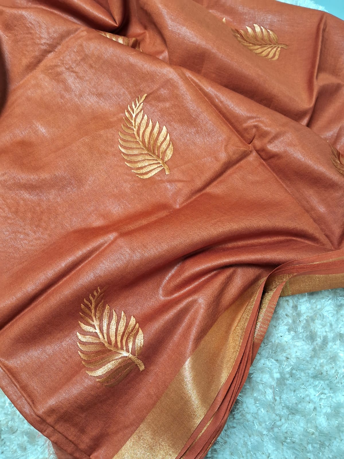 Pure Tussar- Moonga Hand Embroidered Saree With Running Blouse