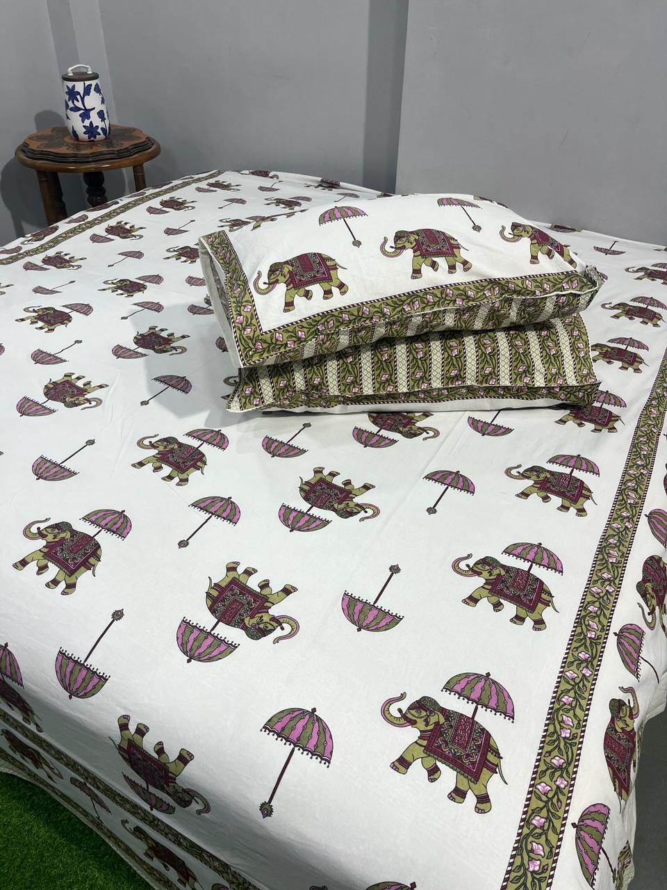 Pure Cotton Hand Block Print Double Bedsheet. ( 90 X 108) with pillow covers