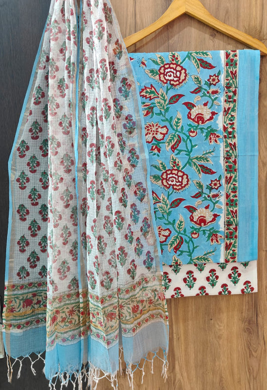 Pure Cotton Hand Block Print Suit With Kota Doriya Dupatta