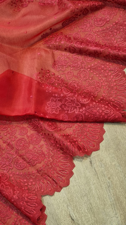 Pure organza silk embroidery  work  saree with heavy blouse