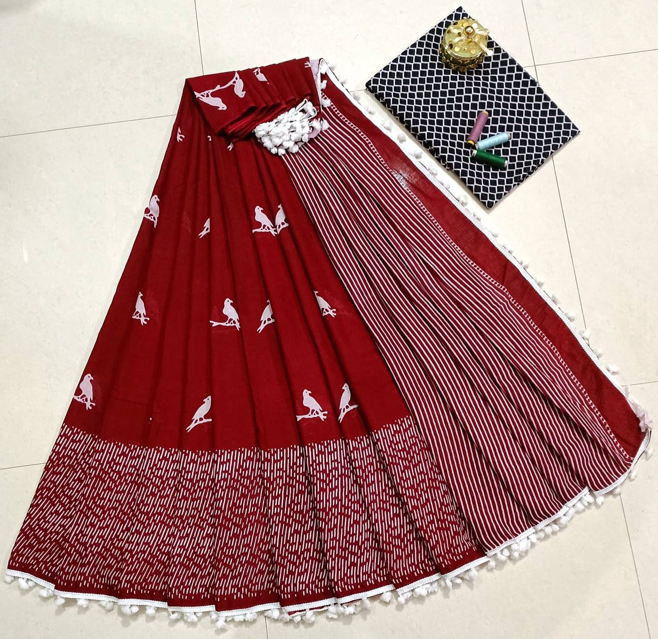 Pure Mulmul Cotton hand block Print Saree with Blouse