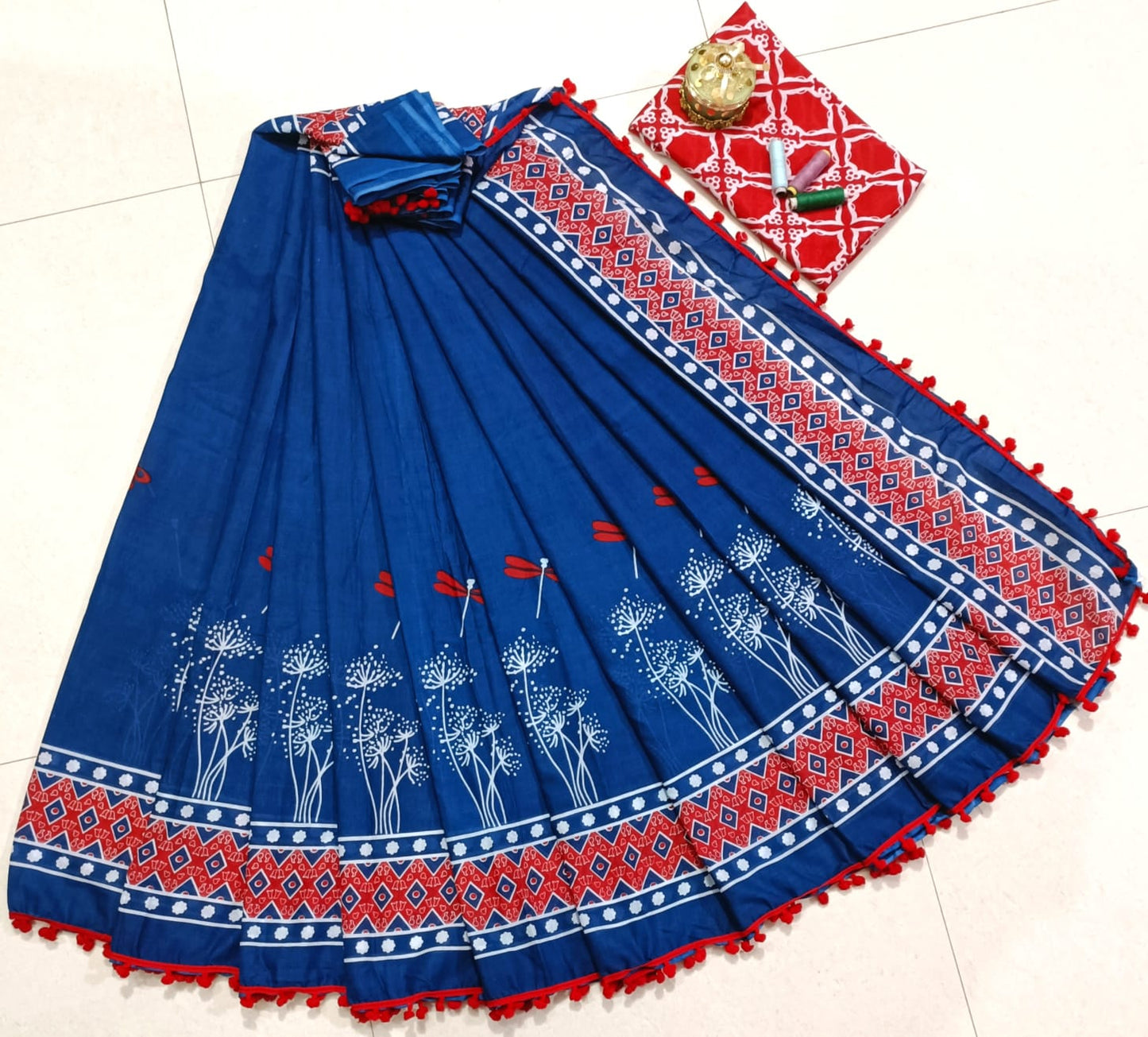 Pure Mulmul Cotton hand block Print Saree with Blouse