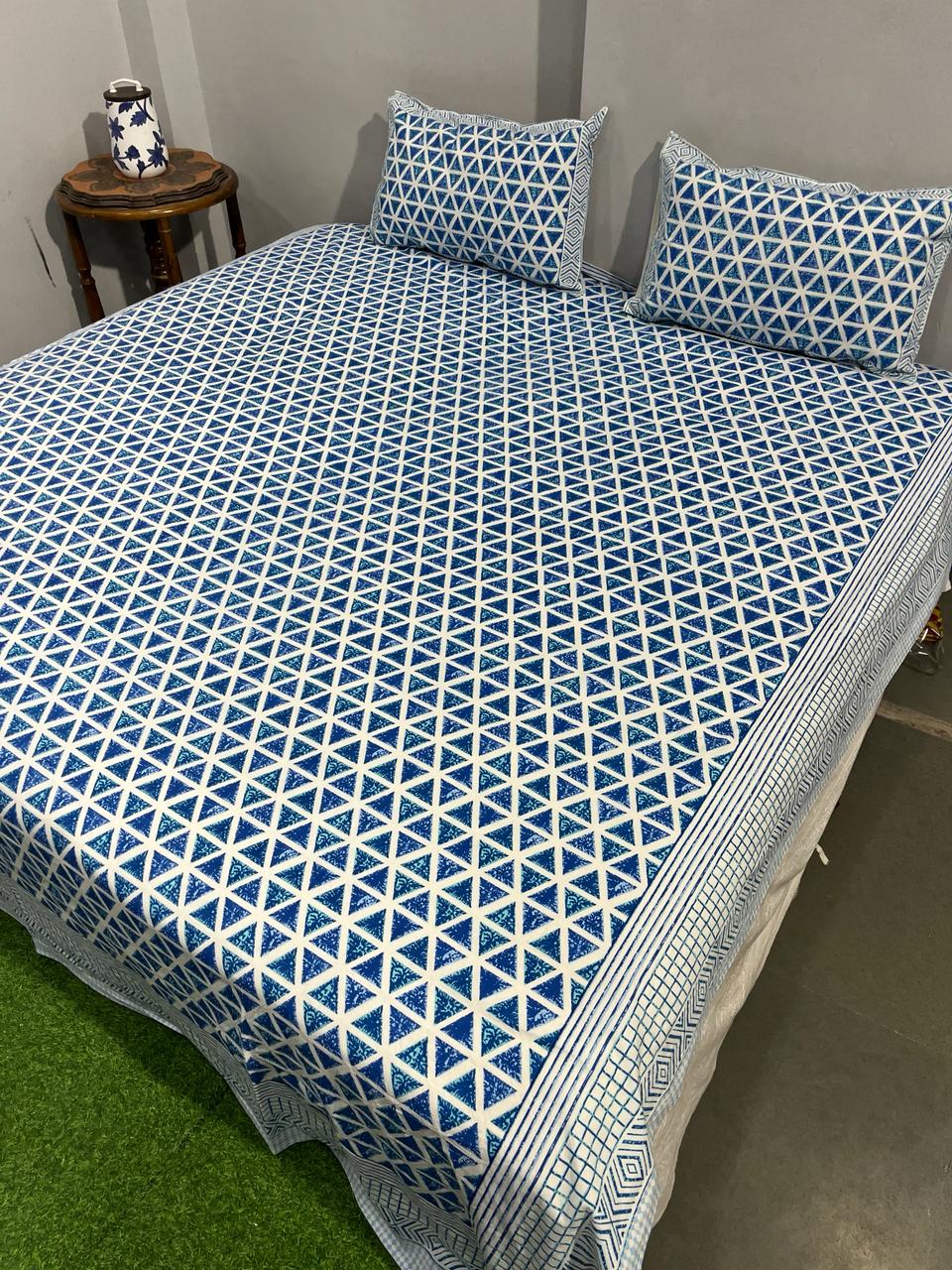 Pure Cotton Hand Block Print Double Bedsheet. ( 90 X 108) with pillow covers