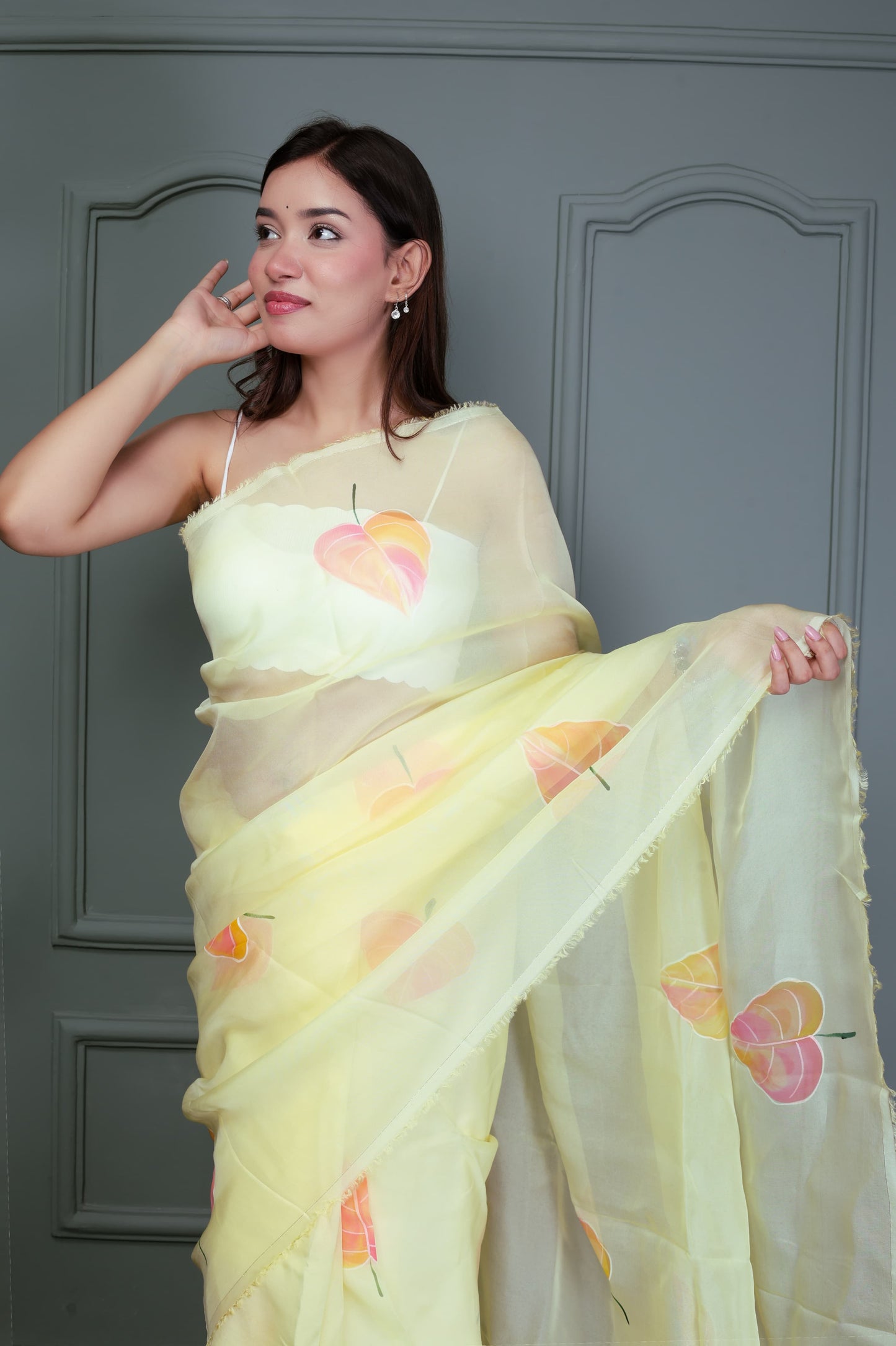 Organza Hand Printed Saree With Blouse