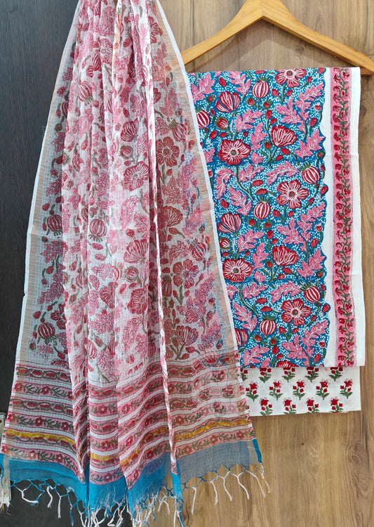 Pure Cotton Hand Block Print Suit With Kota Doriya Dupatta