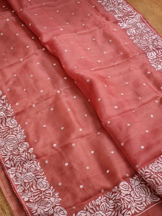 Pure Organza Silk  Parsi Embroidery Work Saree With Heavy Blouse