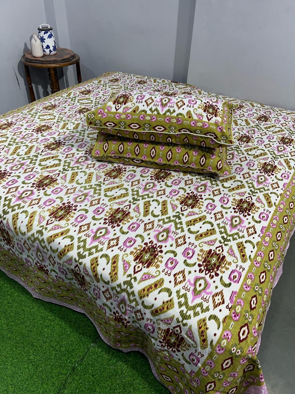 Pure Cotton Hand Block Print Double Bedsheet. ( 90 X 108) with pillow covers