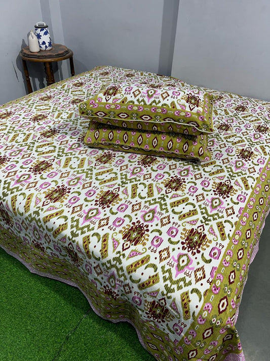 Pure Cotton Hand Block Print Double Bedsheet. ( 90 X 108) with pillow covers