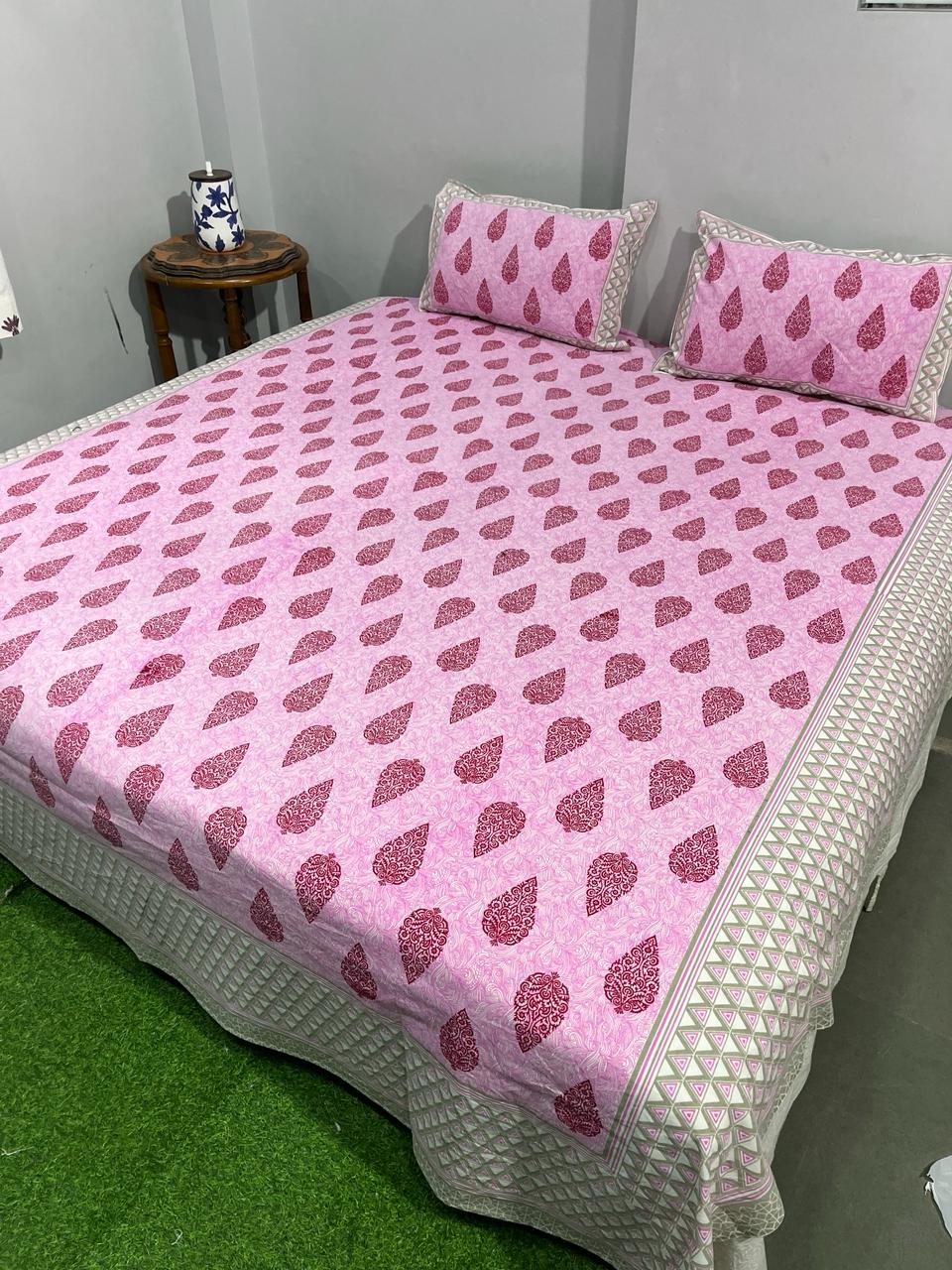 Pure Cotton Hand Block Print Double Bedsheet. ( 90 X 108) with pillow covers