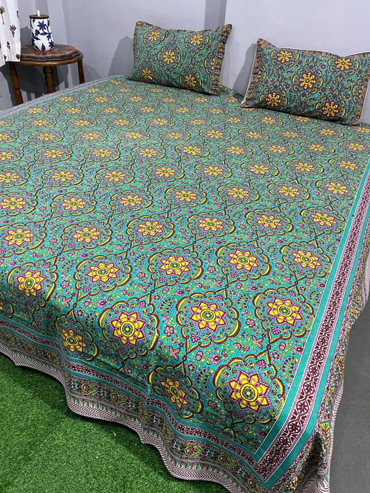 Pure Cotton Hand Block Print Double Bedsheet. ( 90 X 108) with pillow covers