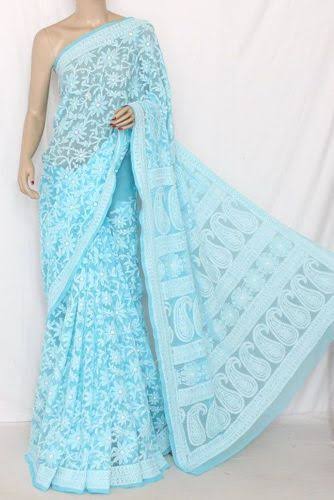 Sky Blue color Lucknowi Chikankari work Saree