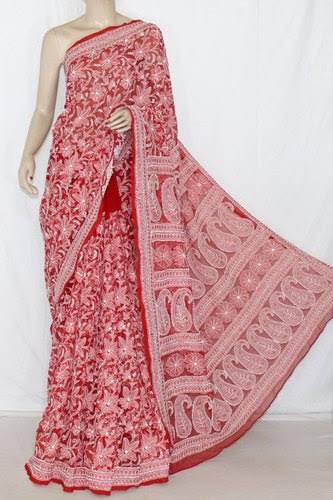 Red color Lucknowi Chikankari work Saree